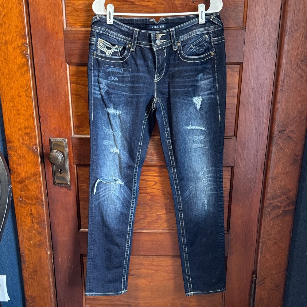 Vigoss Women's Dark Blue Distressed Chelsea Boyfriend Jeans